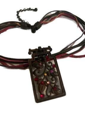 Bohemian Multi-Strand Cord Choker Filigree Black
Pendant Red  Rhinestones Goth